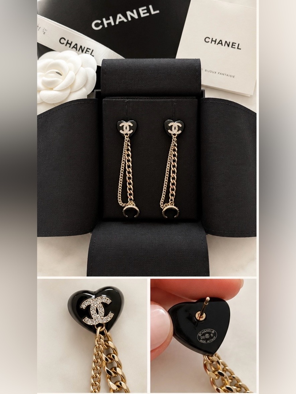 CHANEL Black Heart CC Crystal Champagne Gold Double Chain Ear Cuff Earrings